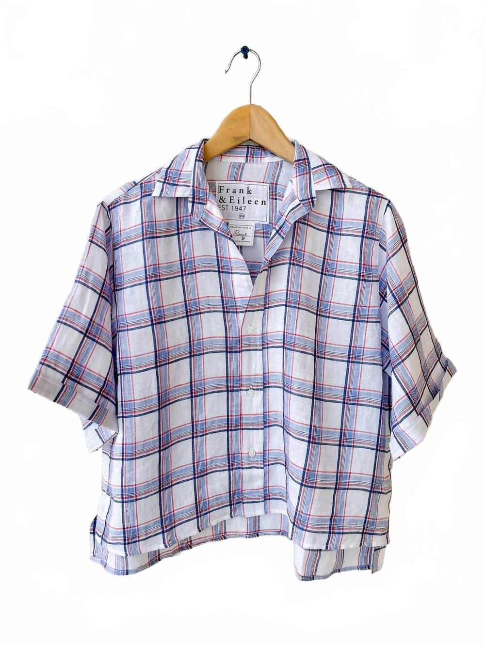 NEW FRANK & EILEEN women's rosie short sleeve button up shirt in white red navy